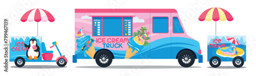 Set of ice ceam truck, cart and scooter. Mobile refrigerator for selling ice-cream on the street. Weeled vehicle with icebox. Transportable cold storage with frozen gelato. Vector object, sign, symbol