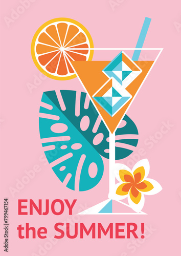 Summer background with tropical cocktail in glass in front of liana leaf and magnolia flower. Fruity refreshing drink with ice cubes. Juicy cold drink. Vector illustration, poster, card, invitation © Lina_vector