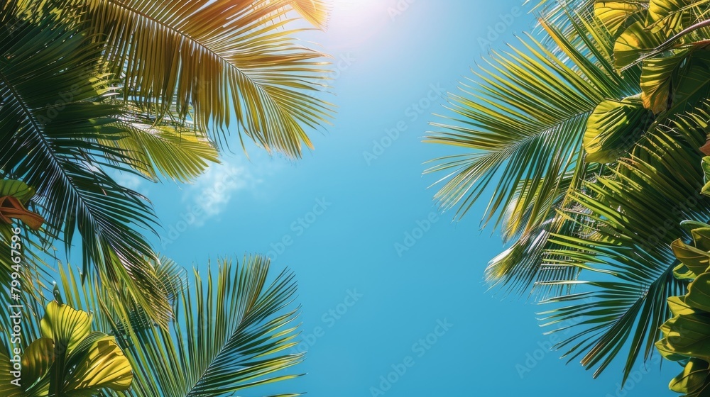Fototapeta premium Tropical palm and monstera leaves bask in the sunlight, casting playful shadows on a serene blue background, evoking a relaxed island atmosphere..