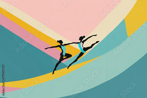 2D design of gymnasts in action against a colorful, minimalist backdrop