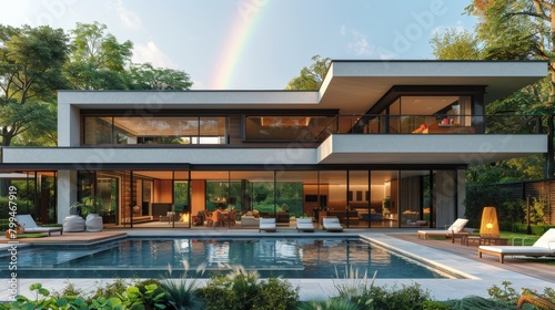 Modern House With Pool and Rainbow in Background