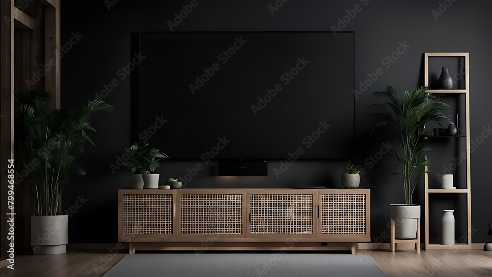 Mockup a TV wall mounted in a dark room with a black wall Mockup a TV wall mounted in a dark room with a black wall