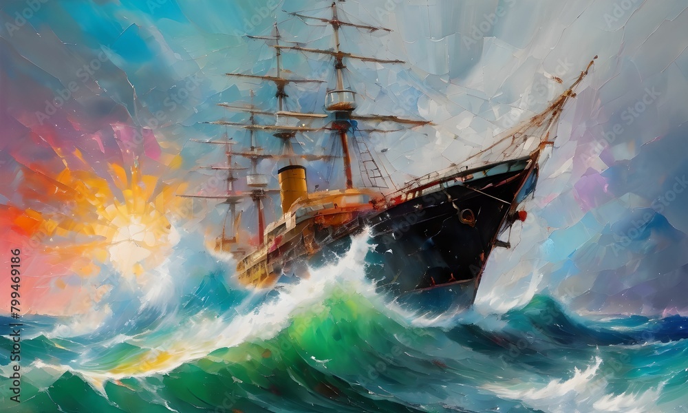 wallpaper representing an oil painting magnifying a ship on the high seas in the middle of the waves and the storm. Breathtaking scene