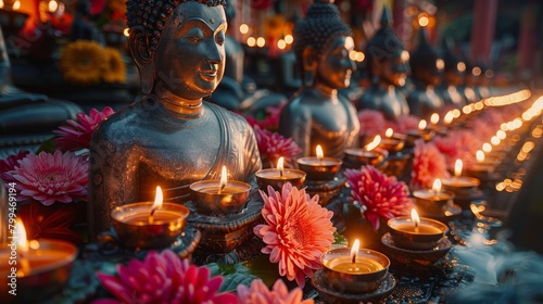 Buddha Statue Surrounded by Lit Candles
