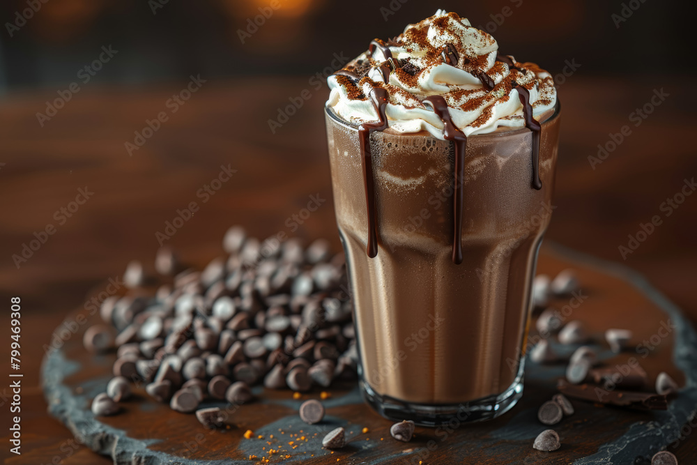 A decadent chocolate milkshake, topped with whipped cream, chocolate drizzle, and a sprinkling of chocolate chips for indulgent dessert bliss. Concept of sweet satisfaction. Generative Ai. A decadent chocolate milkshake, topped with whipped cream, chocolate drizzle, and a sprinkling of chocolate chips for indulgent dessert bliss. Concept of sweet satisfaction. Generative Ai.