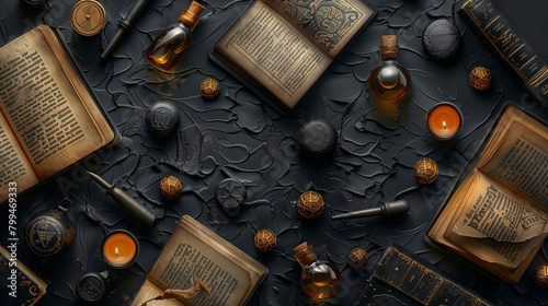 seamless background of a desk with antique books and potions, dark academia aesthetic 