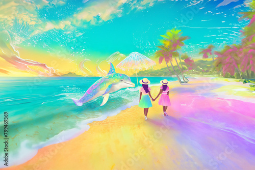 Holographic Beach- Characters enjoying a holographic beach with dolphin and fish projections