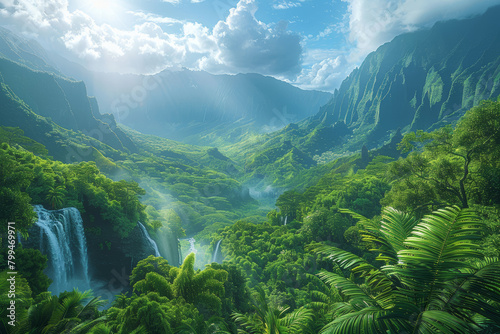 A verdant landscape adorned with towering mountains, cascading waterfalls, and lush forests, representing the beauty and diversity of terrestrial environments.  Generative Ai. photo