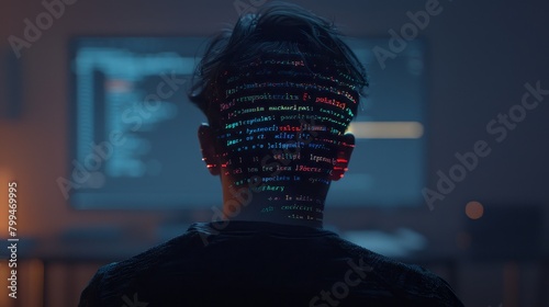 Immersed in Code Back View of Dev in Dimly Lit Room Lines of Code Reflected on Face