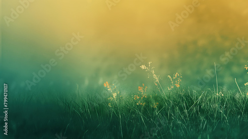 Serene and misty meadow at sunrise, with the first light casting a warm glow on wildflowers and dewy grass, creating a tranquil and picturesque scene in nature photo