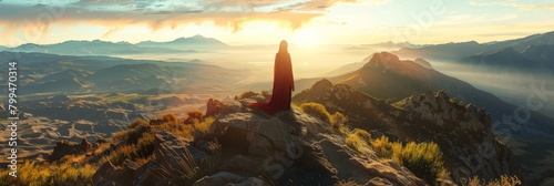 A Majestic Woman, Cloaked in the Warmth of the Sun, Stands in Awe as She Gazes Out Over the Vast, Untouched Wilderness from a Rugged Mountain Trail