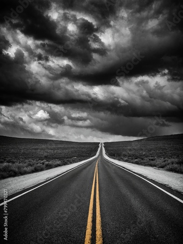 Long, straight road stretches out into distance, disappearing over crest of hill. Road flanked by open fields of grass, scrub, sky above filled with dark, ominous storm clouds.