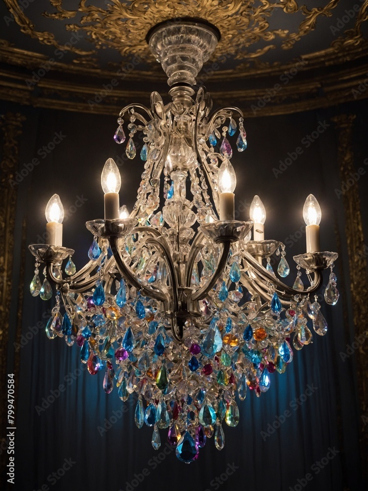 Crystal chandelier hangs from ornately decorated ceiling. Six candle-shaped lights illuminate numerous dangling crystals, which reflect light in spectrum of colors.