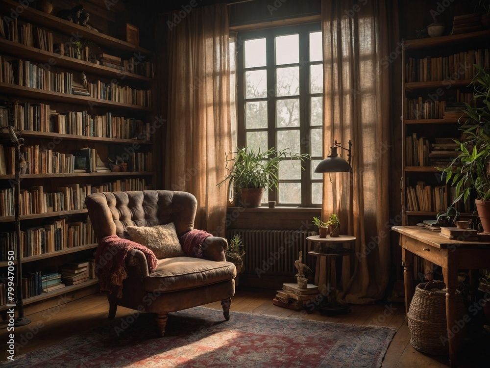 Sunlight streams through large window into cozy library, illuminating comfortable leather armchair positioned in center of room. Armchair, adorned with plush pillow, warm throw blanket.