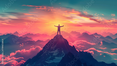 A person standing atop a mountain, arms outstretched in triumph as they bask in the accomplishment of conquering a challenging climb and reaching new heights both literally and metaphorically. photo