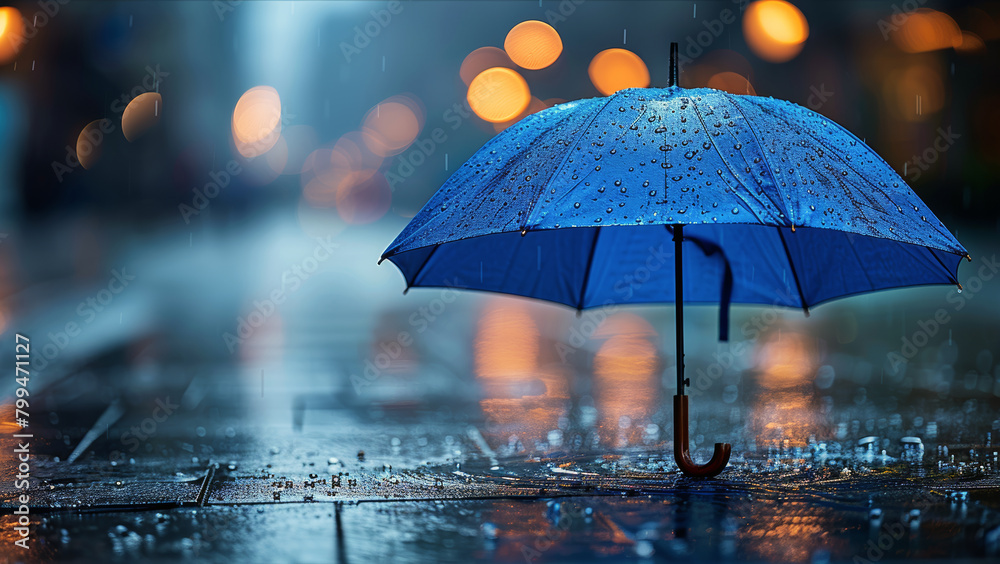 Blue Umbrella on Wet Sidewalk