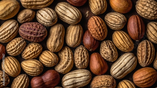 Large number of peanuts in their shells scattered across flat surface. Peanuts various shades of brown, tan, some have reddish hues. Shells have rough, textured appearance with visible ridges, veins. photo