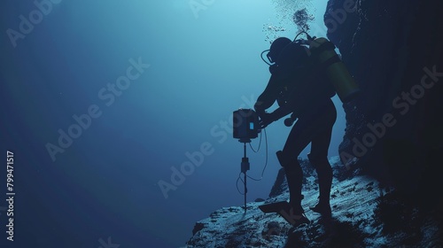 Deep Sea Discovery Silhouetted Diver Installing Ocean Current Meter on Cliff Edge