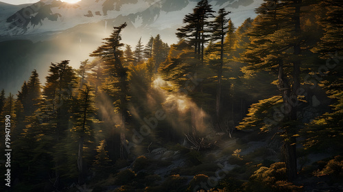 Sunlight Filters Through Trees in the Mountains