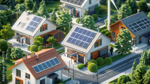 Sustainable Haven: An Energy-Efficient Home with Solar Panels and Wind Turbines in a 3D Isometric Rendering