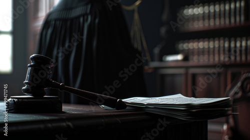 Authority in Balance: A Gavel Stands Tall Amidst the Courtroom's Symbols of Justice