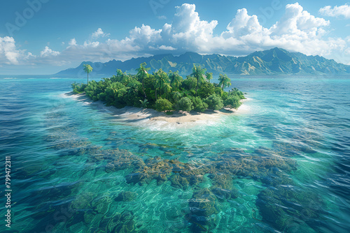A vibrant coral atoll surrounded by turquoise waters, with sandy beaches and abundant marine life, representing the beauty of tropical islands. Concept of island ecosystems. Generative Ai. photo