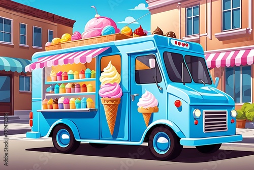 Ice-cream truck. Ai art. Cartoon illustration design. 
