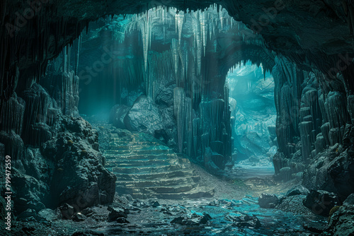 A mysterious cave system winding through underground chambers and stalactite formations, harboring unique ecosystems adapted to darkness. Concept of subterranean habitats. Generative Ai.