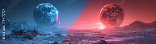 Surreal landscape split by contrasting red and blue moons