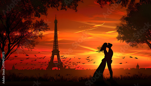 Clipart of a couple sharing a kiss under the Eiffel Tower at sunsetar74v60 Generative AI © Zazu