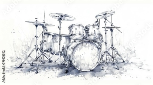 This is a concept drawing of a drum band set. Percussion music instruments are arranged in a line drawing design for a trend-setting graphic modern illustration. photo