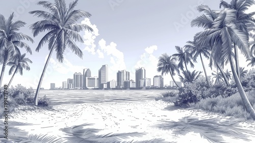A drawing of the West Palm Beach skyline in Florida. An historic townscape. A postcard with the best holiday destination. Editable stroke trendy continuous line draw design modern illustration with a