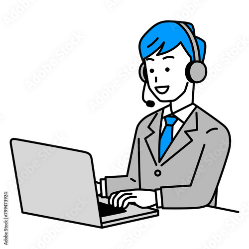 ノートパソコンで仕事をするオペレーターの男性