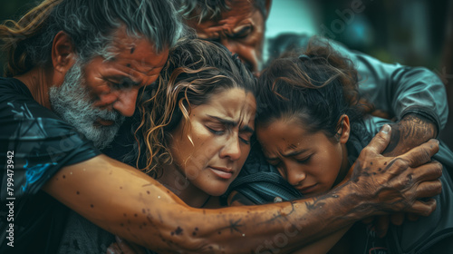 A group of survivors huddled together in the aftermath of a natural disaster, supporting each other emotionally and physically as they await rescue and rebuild their lives. photo