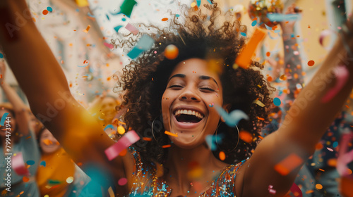 A group of people dancing and cheering at a lively celebration, with colorful decorations and confetti in the air, capturing the infectious happiness and excitement of special occasions. photo
