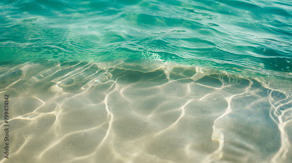 Serene and close-up view of crystal clear turquoise sea waters shimmering under sunlight, with subtle waves creating a rippled texture over soft sandy ocean floor Serene and close-up view of crystal clear turquoise sea waters shimmering under sunlight, with subtle waves creating a rippled texture over soft sandy ocean floor