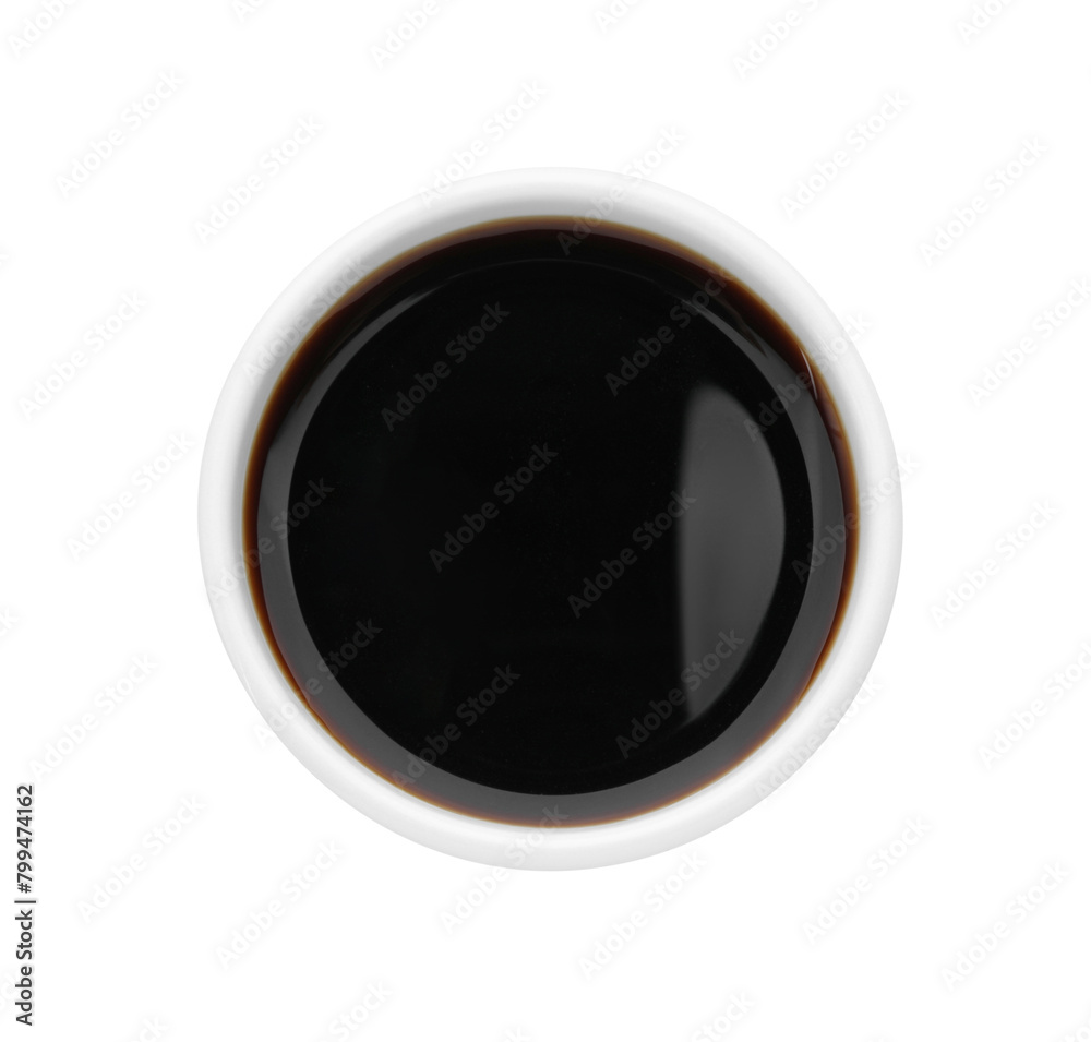 Tasty soy sauce in bowl isolated on white, top view