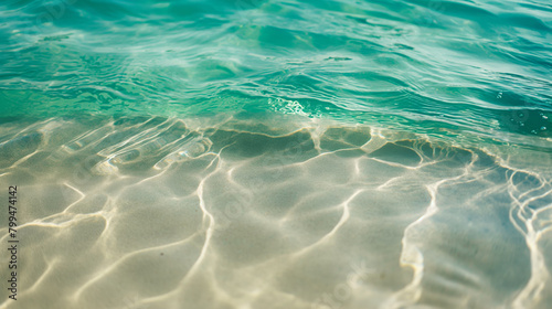Serene and close-up view of crystal clear turquoise sea waters shimmering under sunlight, with subtle waves creating a rippled texture over soft sandy ocean floor