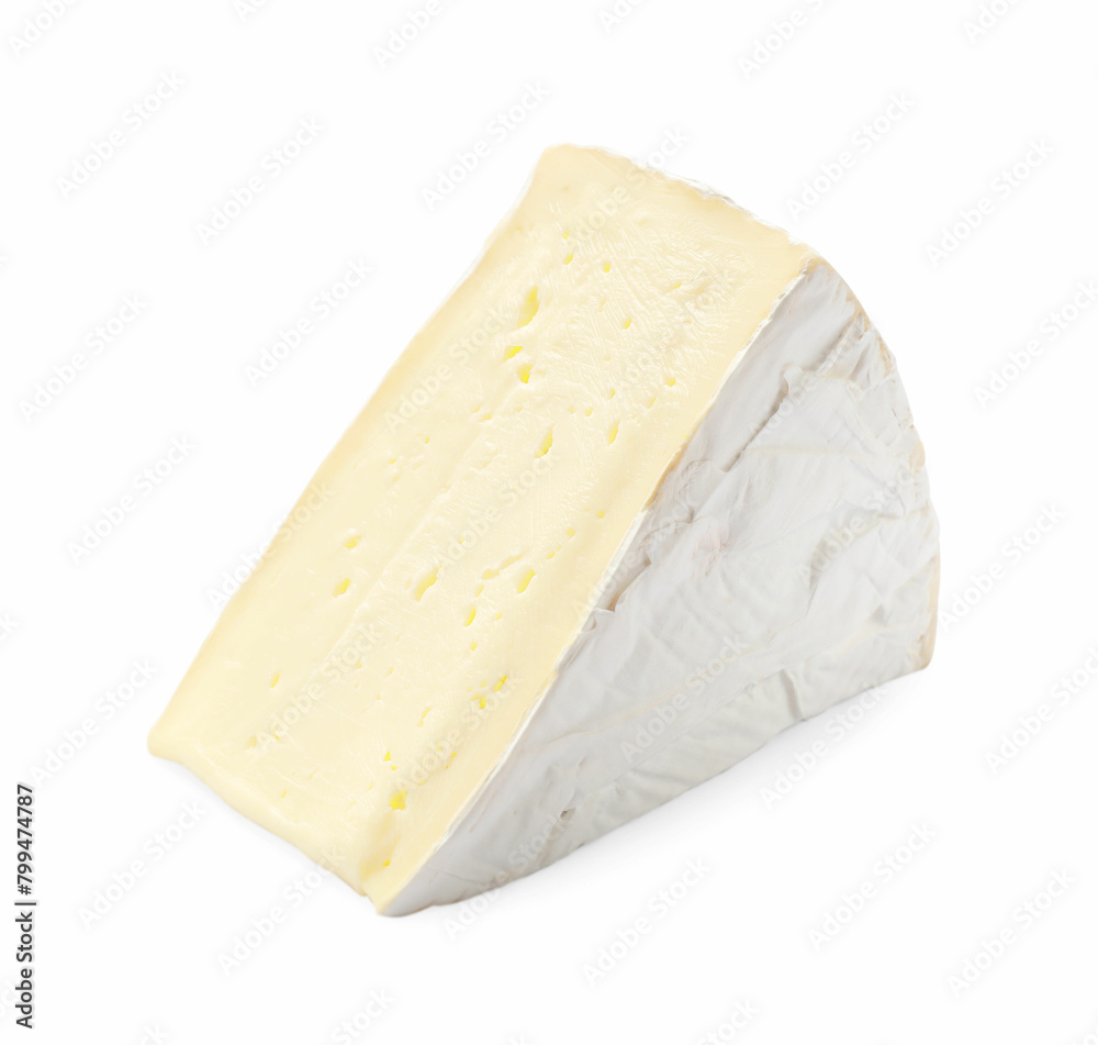 One piece of tasty camembert cheese isolated on white One piece of tasty camembert cheese isolated on white