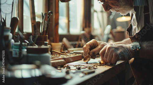 Master Jeweler at Work: Artfully Crafting a Precious Piece of Jewelry in His Meticulously Arranged Workshop photo