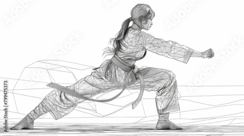drawing of a young taekwondo woman doing kick pose in a fight uniform with belt exercising martial arts at the gym. Healthy sport lifestyle concept. Modern graphic design.