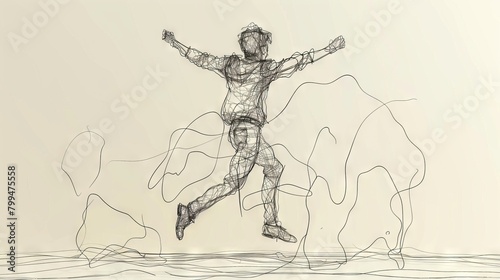 Happy businessman jumps up with both hands raised. Salesman celebrates benefit increase from company. Dynamic one line draw graphic design modern illustration.