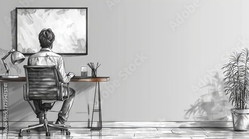 Modern illustration of a young male director sitting on his work chair and phoning his managers. photo