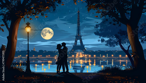 Clipart of a couple sharing a kiss under the Eiffel Tower at nightar74v60 Generative AI