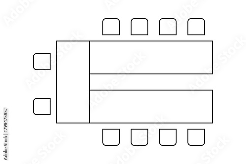 Seats arrangement on conference, banquet or wedding event in restaurant or cafe. Office or cabinet seating interior plan. Top view. Schematic tables and chairs icons set. Vector outline illustration