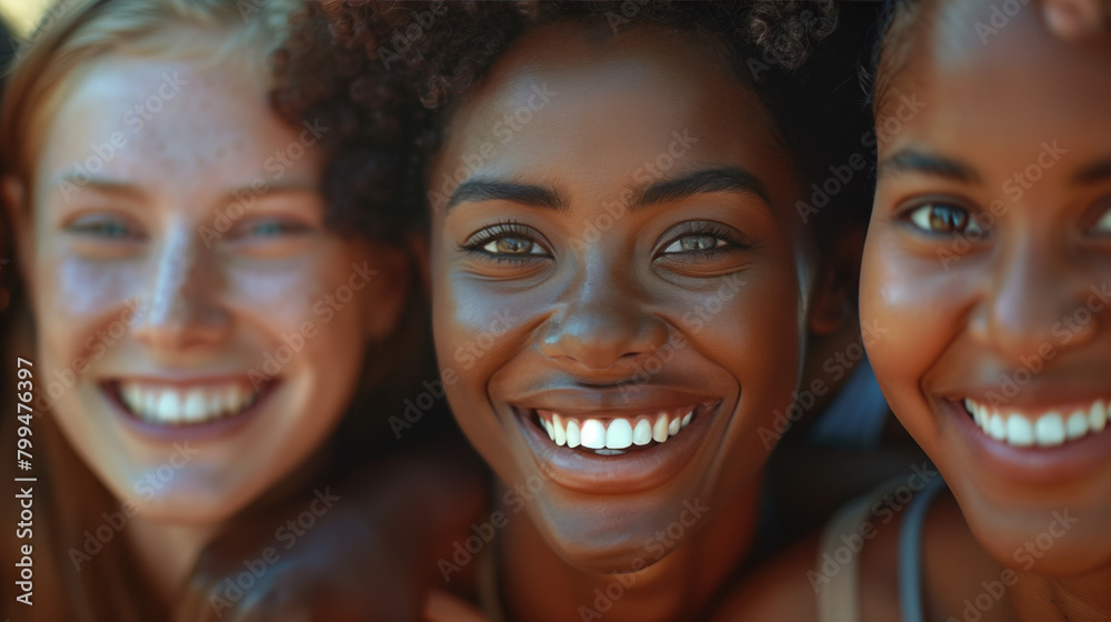 A close-up photograph of diverse faces filled with genuine smiles and laughter, capturing the universal happiness and joy of shared moments with loved ones.