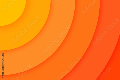 Cornered orange concentric circles banner. Sun, sunlight, sunrise or sunburst background in paper cut style. Sonar wave, radiating, epicenter, radar signal, target wallpaper. Vector illustration.