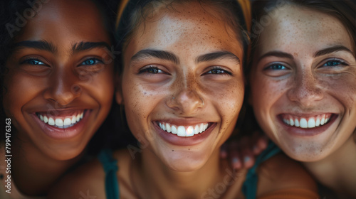 A close-up photograph of diverse faces filled with genuine smiles and laughter, capturing the universal happiness and joy of shared moments with loved ones.