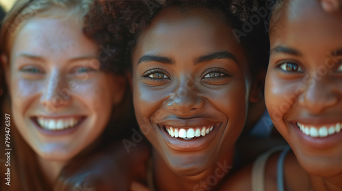 A close-up photograph of diverse faces filled with genuine smiles and laughter, capturing the universal happiness and joy of shared moments with loved ones. photo