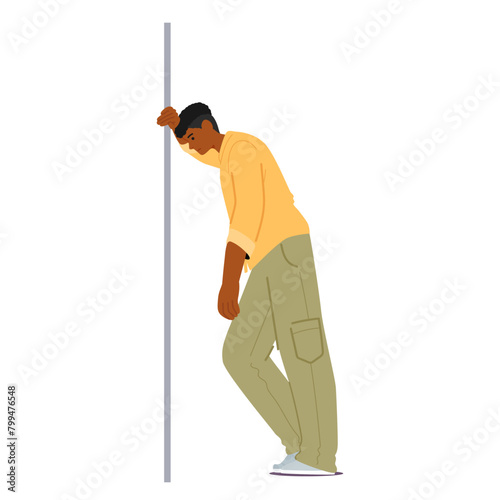 Black Tired Male Character Leaning Against A Wall. Man In Khaki Pants, Sneakers And Yellow Shirt, Vector Illustration